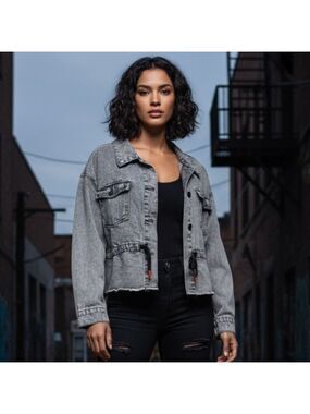 Stoosh Grey Acid Wash Cropped Utility Denim Jacket Sz XL Grunge, Streetwear